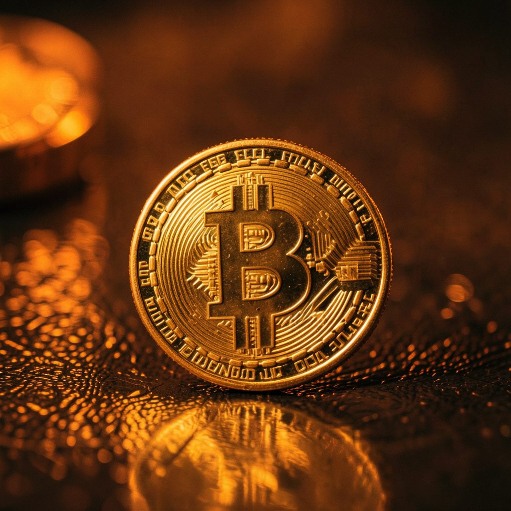 深いブラウンとゴールドのグラデーション、ブロックチェーン技術の未来的な雰囲気
